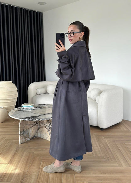 Apoletli Süet Trençkot ANTRASİT