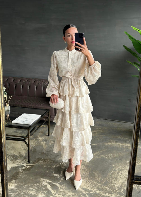 Çiçek Desenli Fırfırlı Elbise BEJ