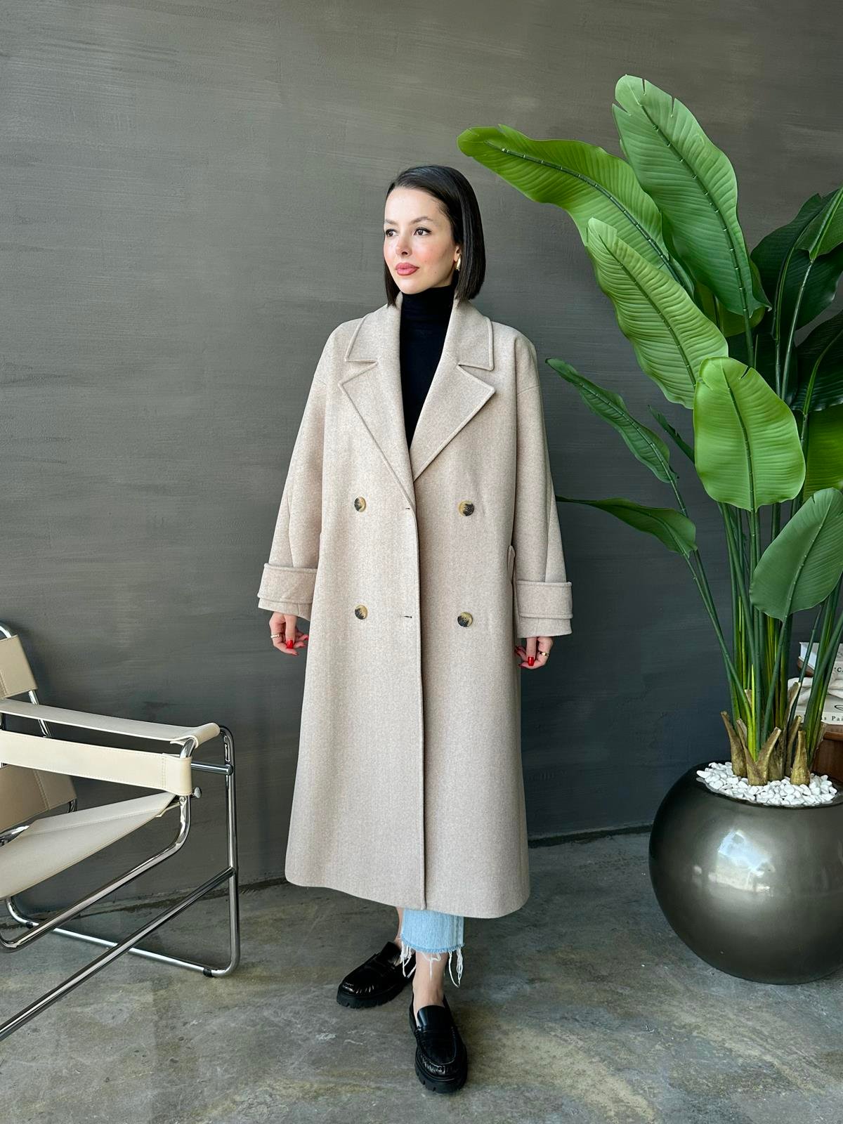 Kelebek Yakalı Kaşe Kaban VİZON