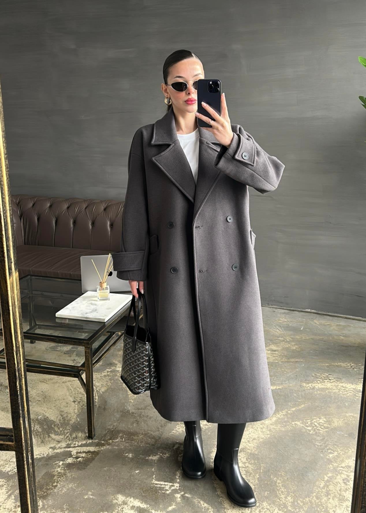 Kelebek Yakalı Kaşe Kaban GRİ