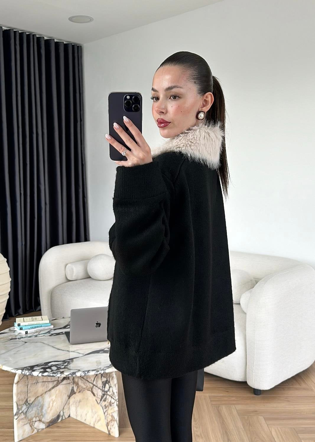 Çıkarılabilir Kürklü Hırka SİYAH