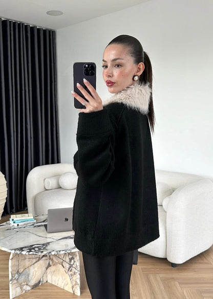 Çıkarılabilir Kürklü Hırka SİYAH