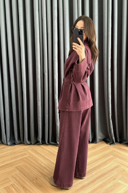 V Yakalı Denim Takım BORDO