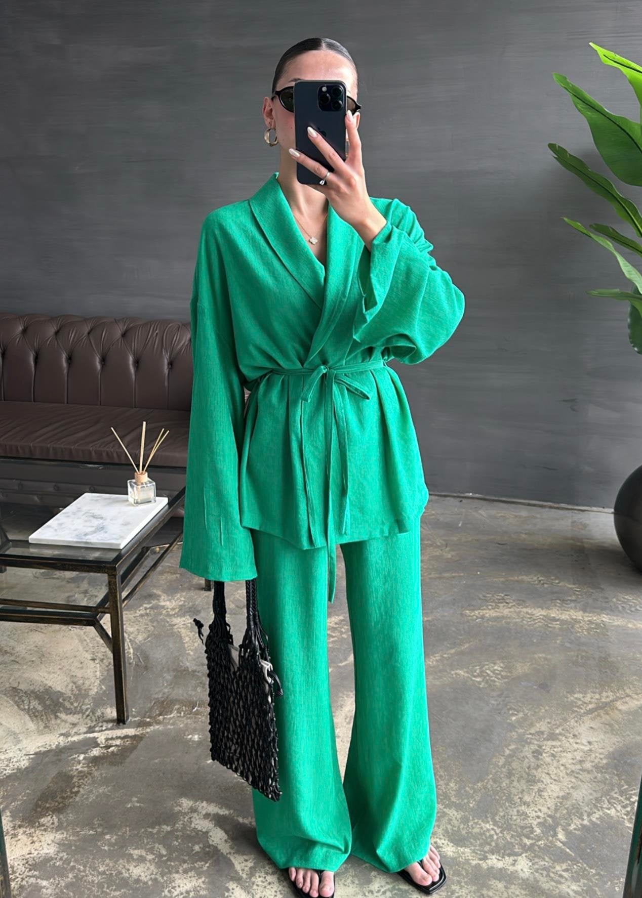 Şal Yaka Krinkıl Kimono Takım BENETTON YEŞİLİ