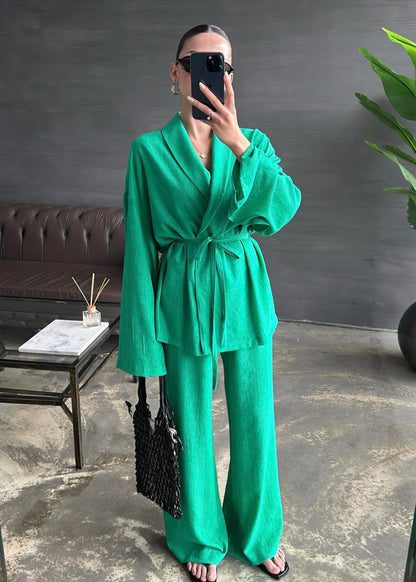 Şal Yaka Krinkıl Kimono Takım BENETTON YEŞİLİ