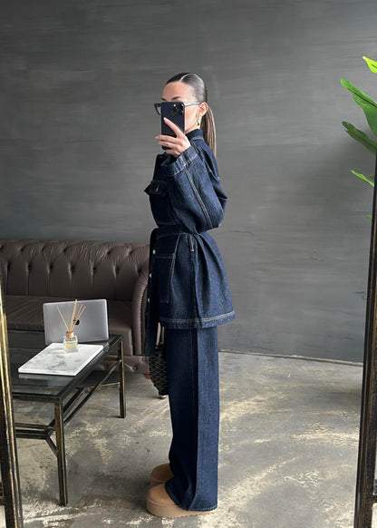 Uzun Ceketli Denim Takım KOYU LACİVERT