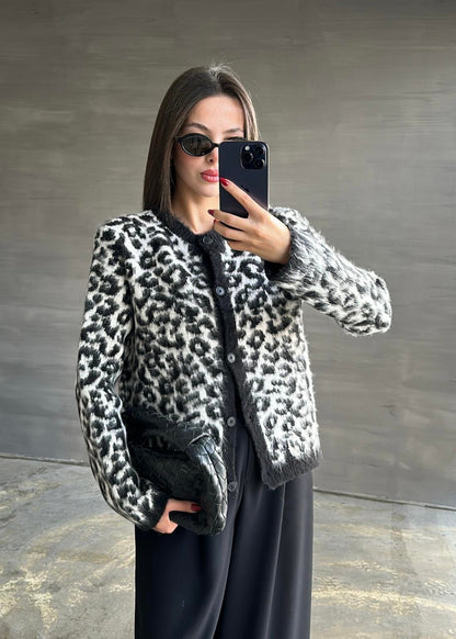 Yün Efekt Leopar Hırka SİYAH
