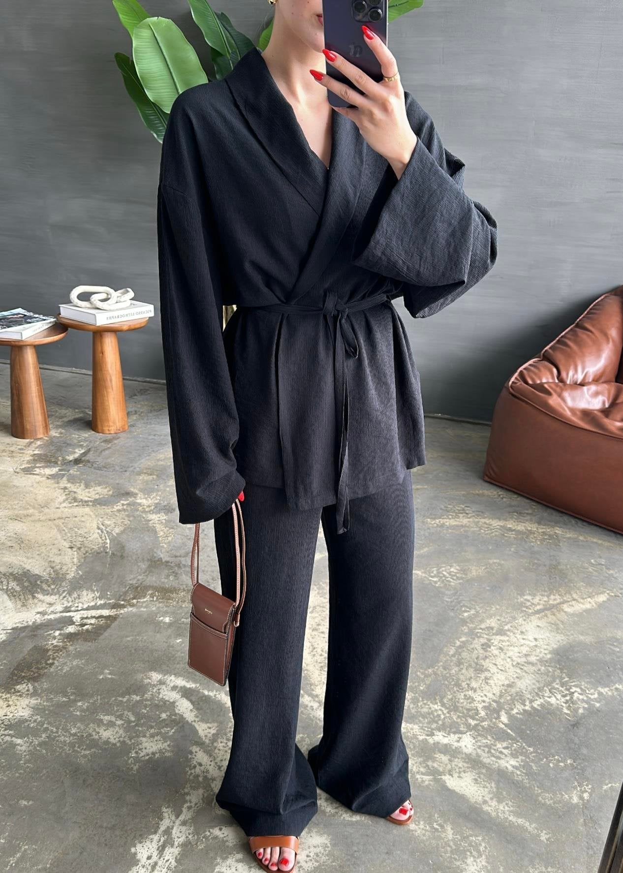 Şal Yaka Krinkıl Kimono Takım SİYAH