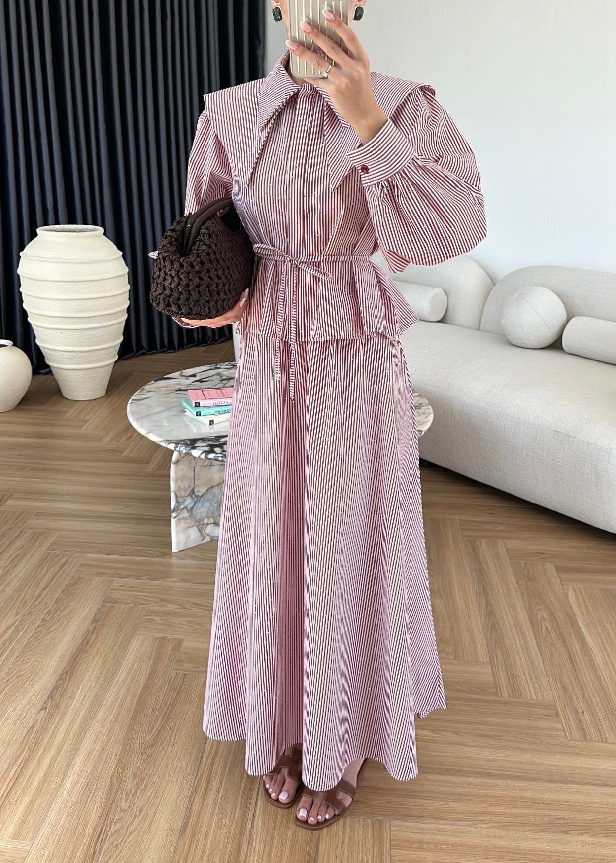 Taşlı Poplin Etekli Takım BORDO