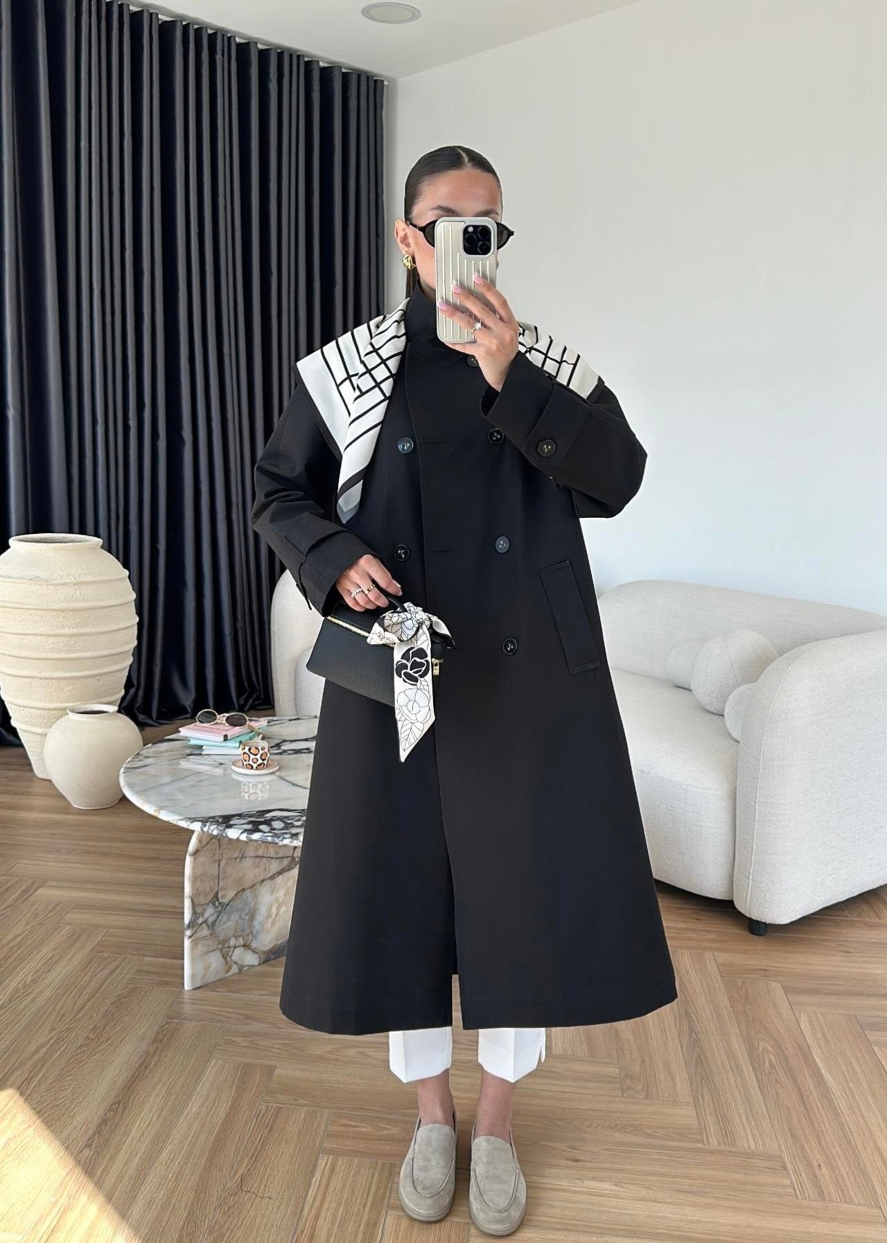 Fularlı Uzun Trençkot SİYAH