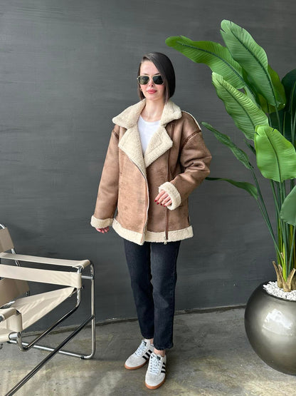 Deri Biyeli Kürk Ceket CAMEL