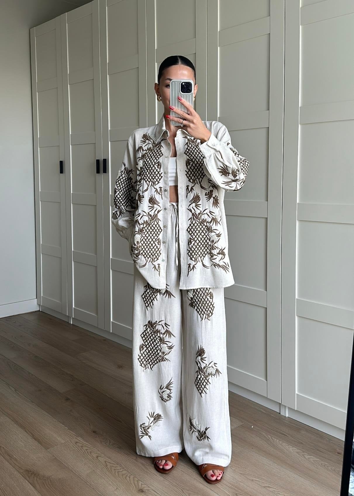 Boncuk ve Nakışlı Keten Takım NATUR