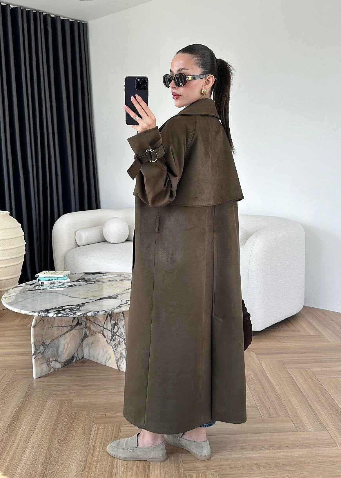 Apoletli Süet Trençkot ACI KAHVE