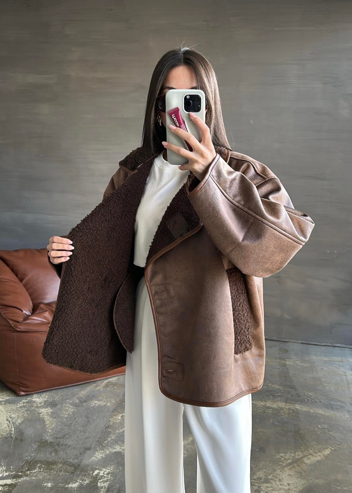 Deri Biyeli Nubuk Ceket KAHVERENGİ