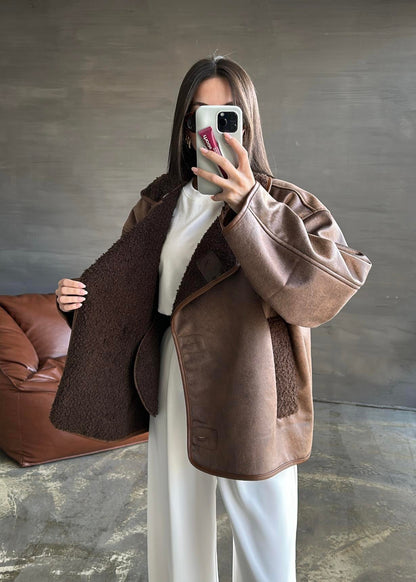 Deri Biyeli Nubuk Ceket KAHVERENGİ