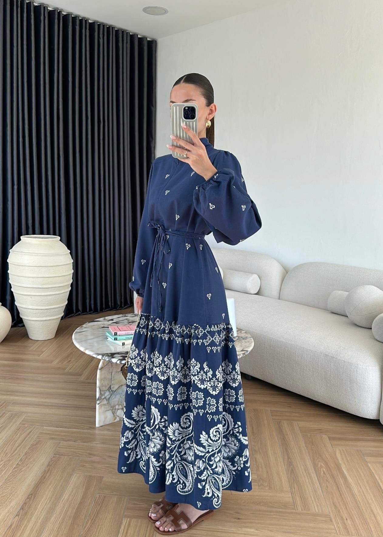 Etek Ucu Motifli Keten Elbise LACİVERT