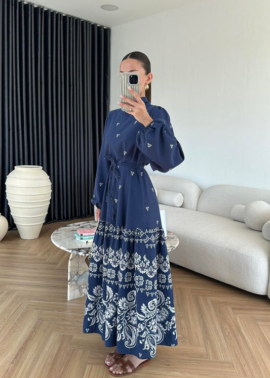 Etek Ucu Motifli Keten Elbise LACİVERT