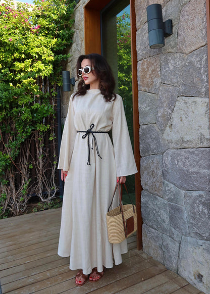 Deri Kemerli Keten Elbise EKRU