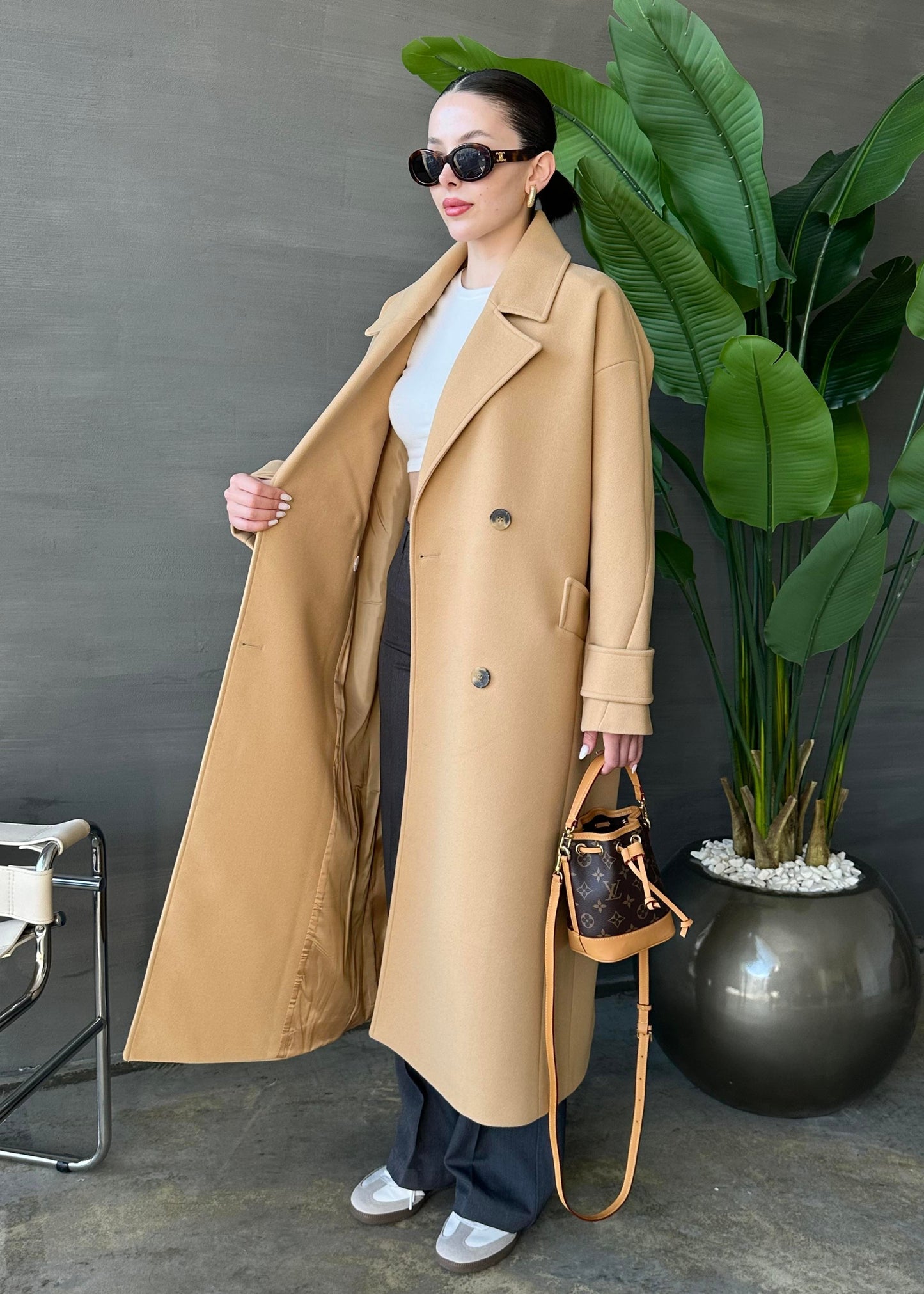 Kelebek Yakalı Uzun Kaban AÇIK CAMEL