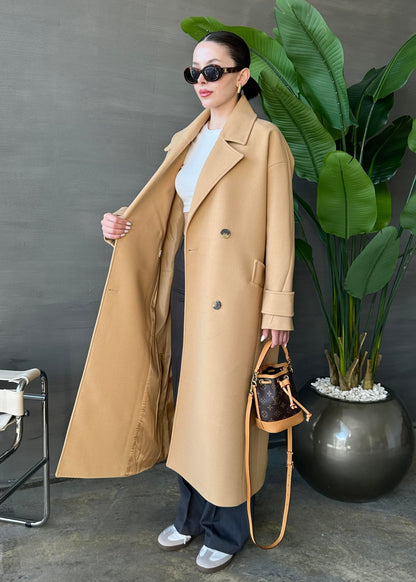 Kelebek Yakalı Uzun Kaban AÇIK CAMEL