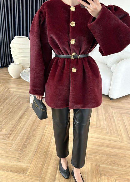 Gold Düğmeli Alpaka Kaban BORDO