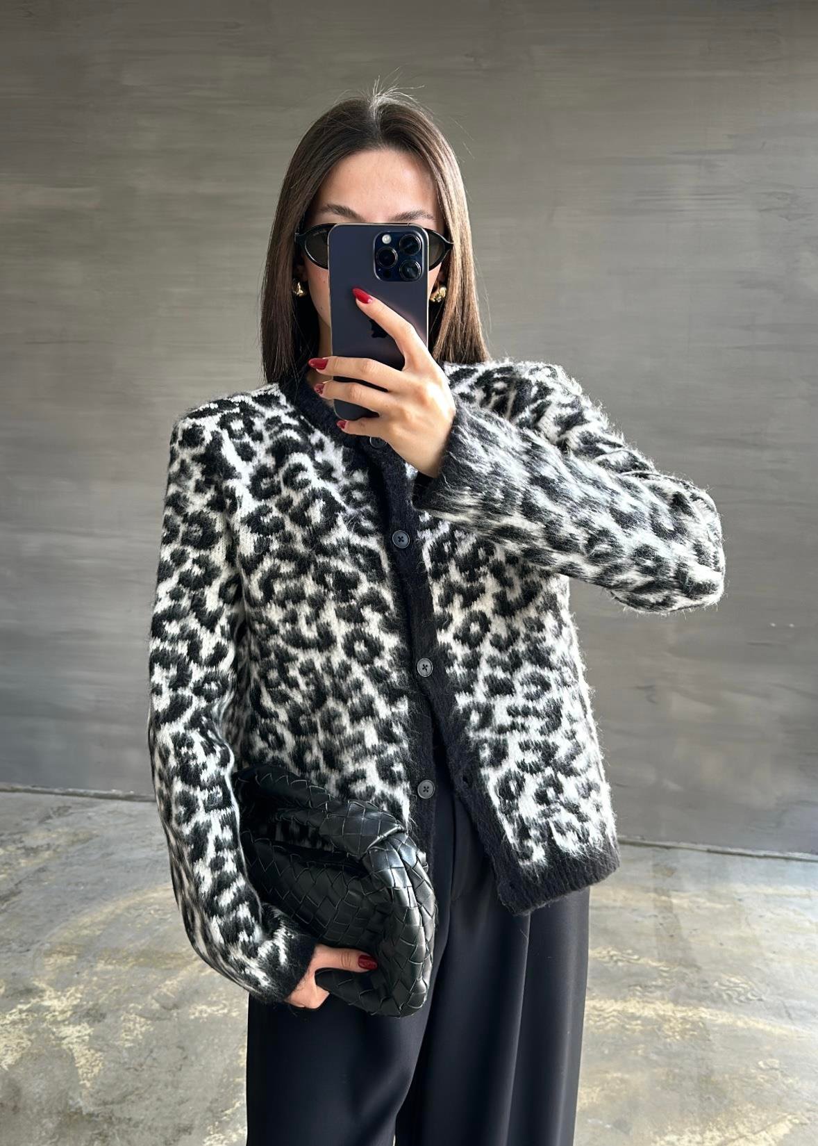 Yün Efekt Leopar Hırka SİYAH