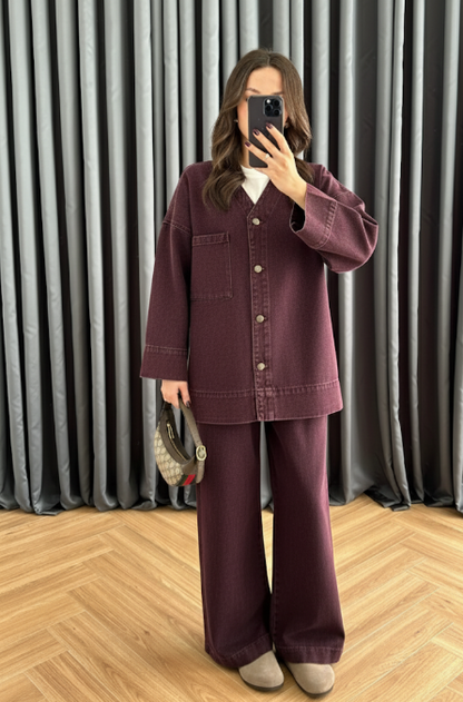 V Yakalı Denim Takım BORDO