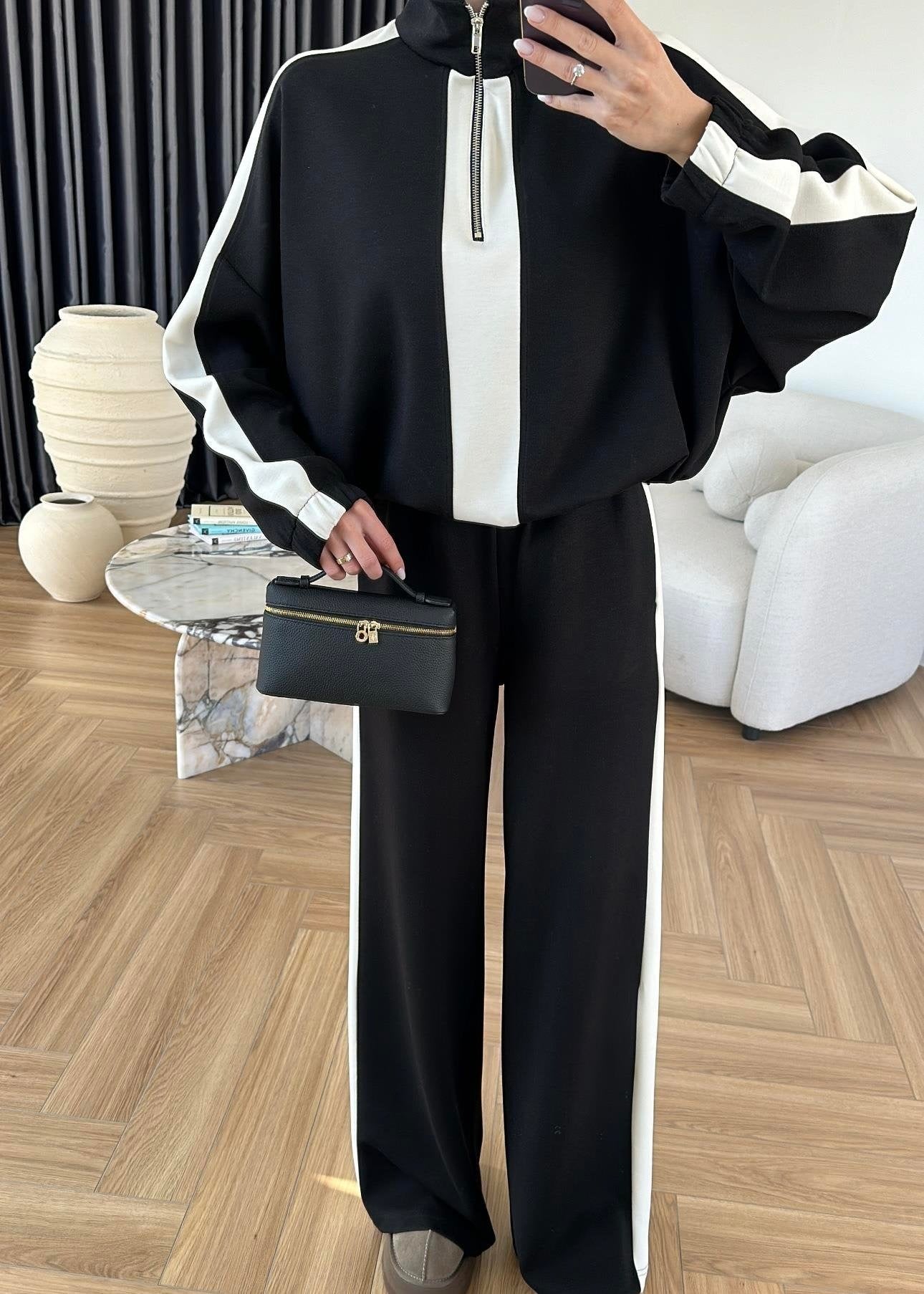 Şeritli Modal Takım SİYAH