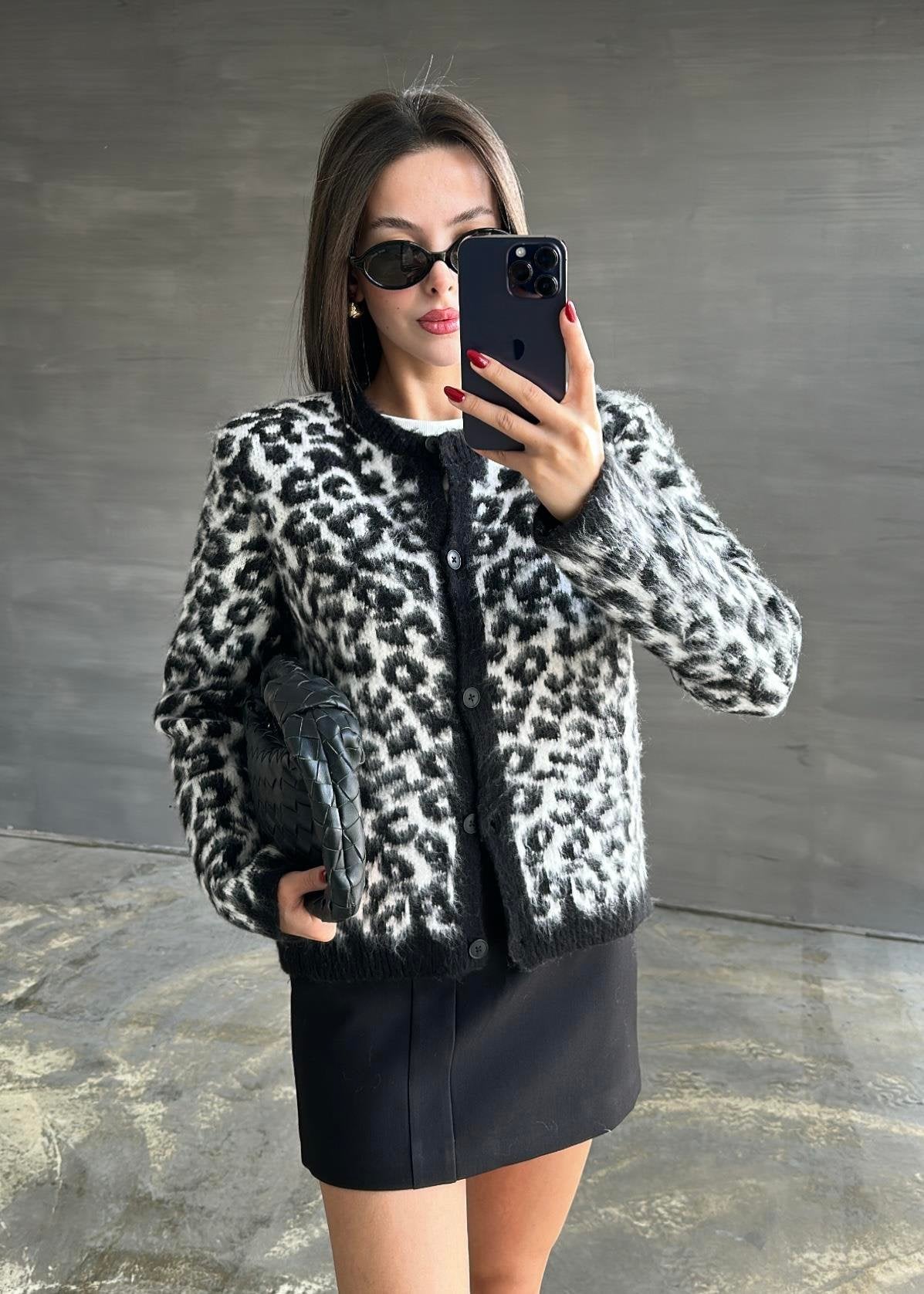 Yün Efekt Leopar Hırka SİYAH