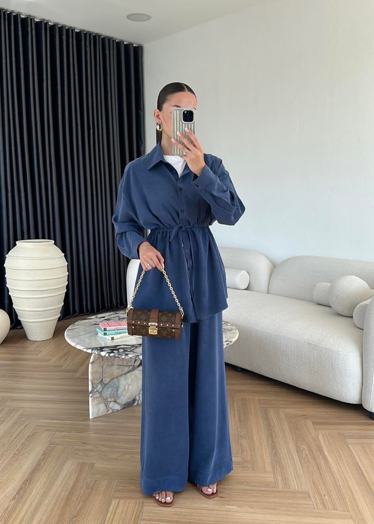 Bağcıklı Tensel Modal Takım Lacivert