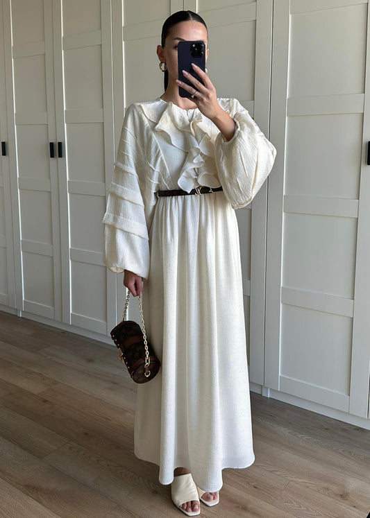 Önü Fırfırlı Naturel Elbise KREM