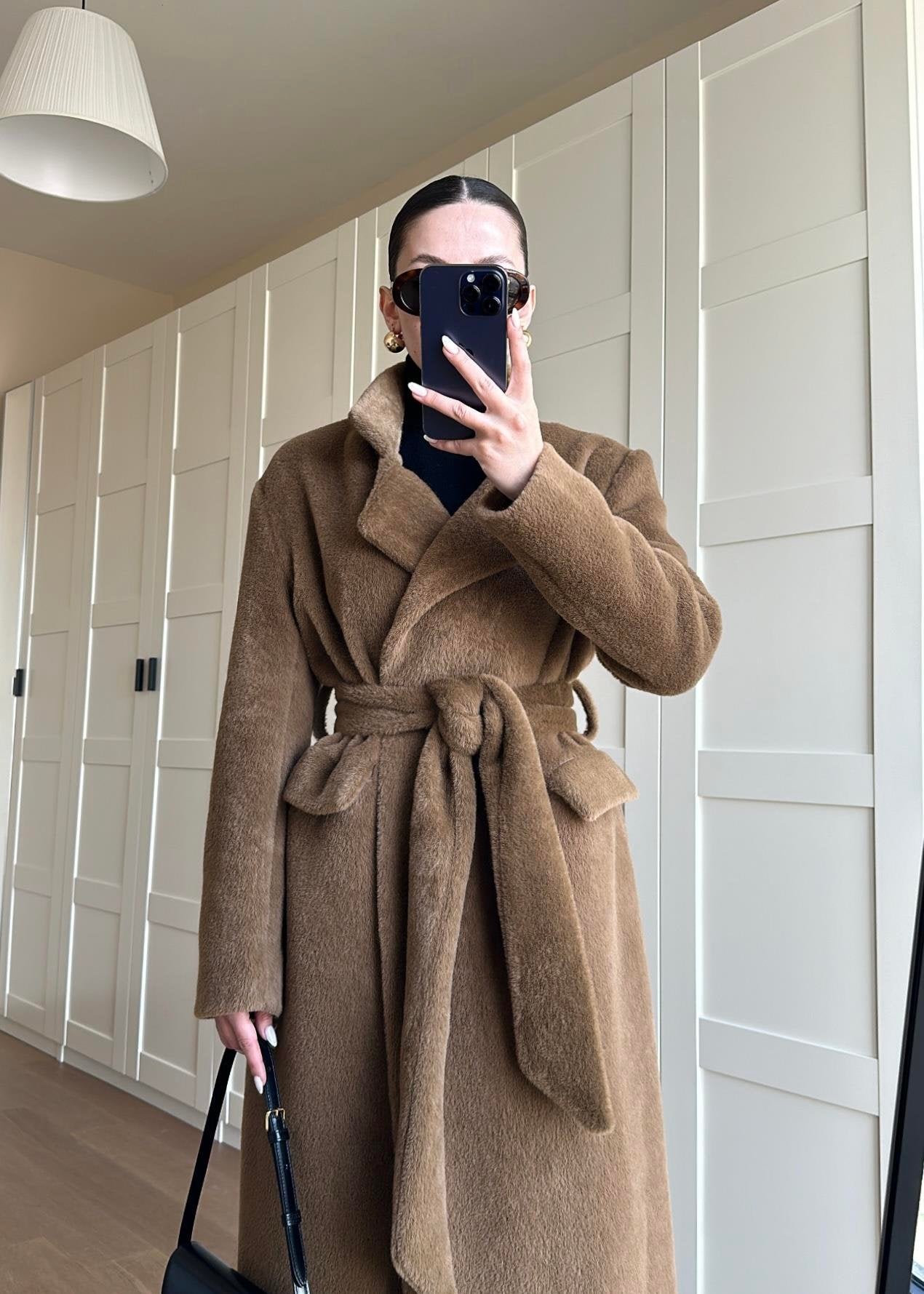 Alpaka Uzun Palto KAHVERENGİ