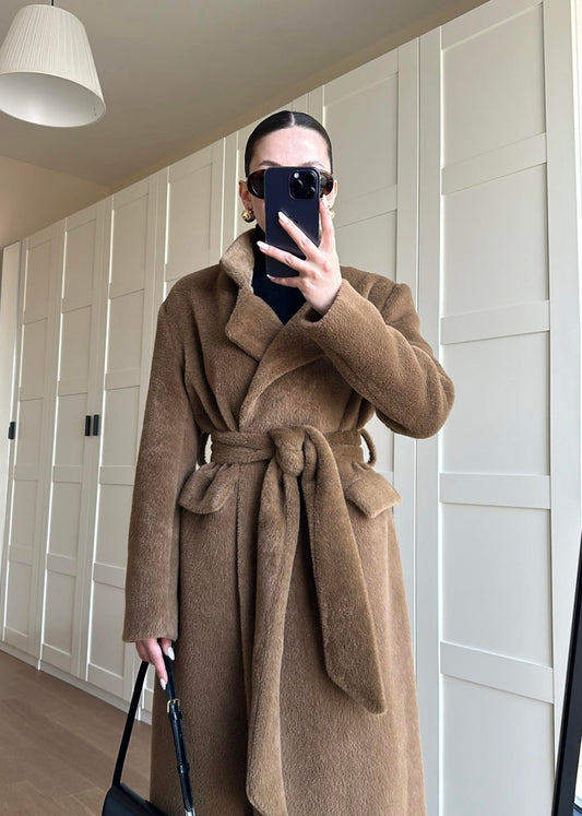 Alpaka Uzun Palto KAHVERENGİ