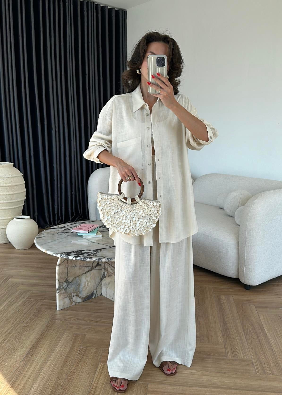 Sedef Düğmeli Uzun Keten Takım NATUR