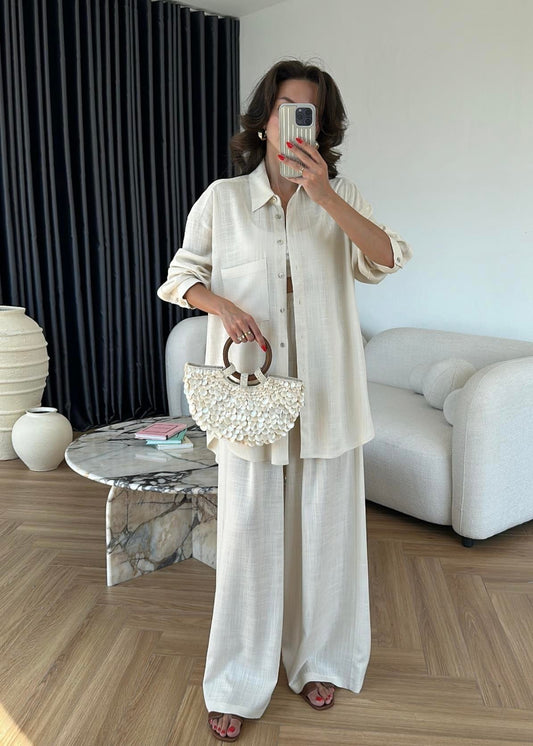 Sedef Düğmeli Uzun Keten Takım NATUR