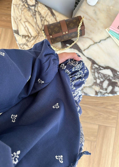 Etek Ucu Motifli Keten Elbise LACİVERT