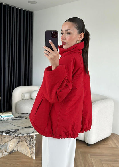 Dik Yakalı Arkası Uzun Mont KIRMIZI