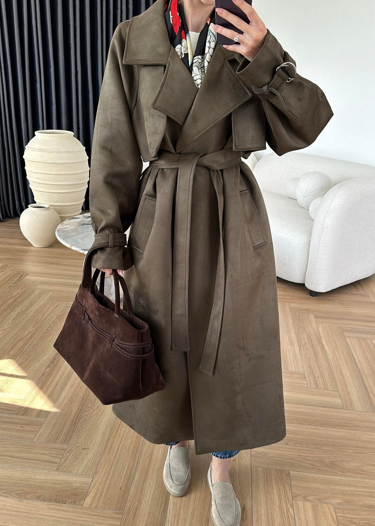 Apoletli Süet Trençkot ACI KAHVE