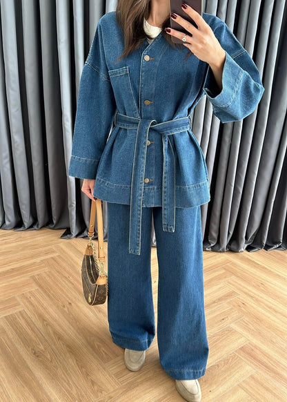 V Yakalı Denim Takım KOYU MAVİ