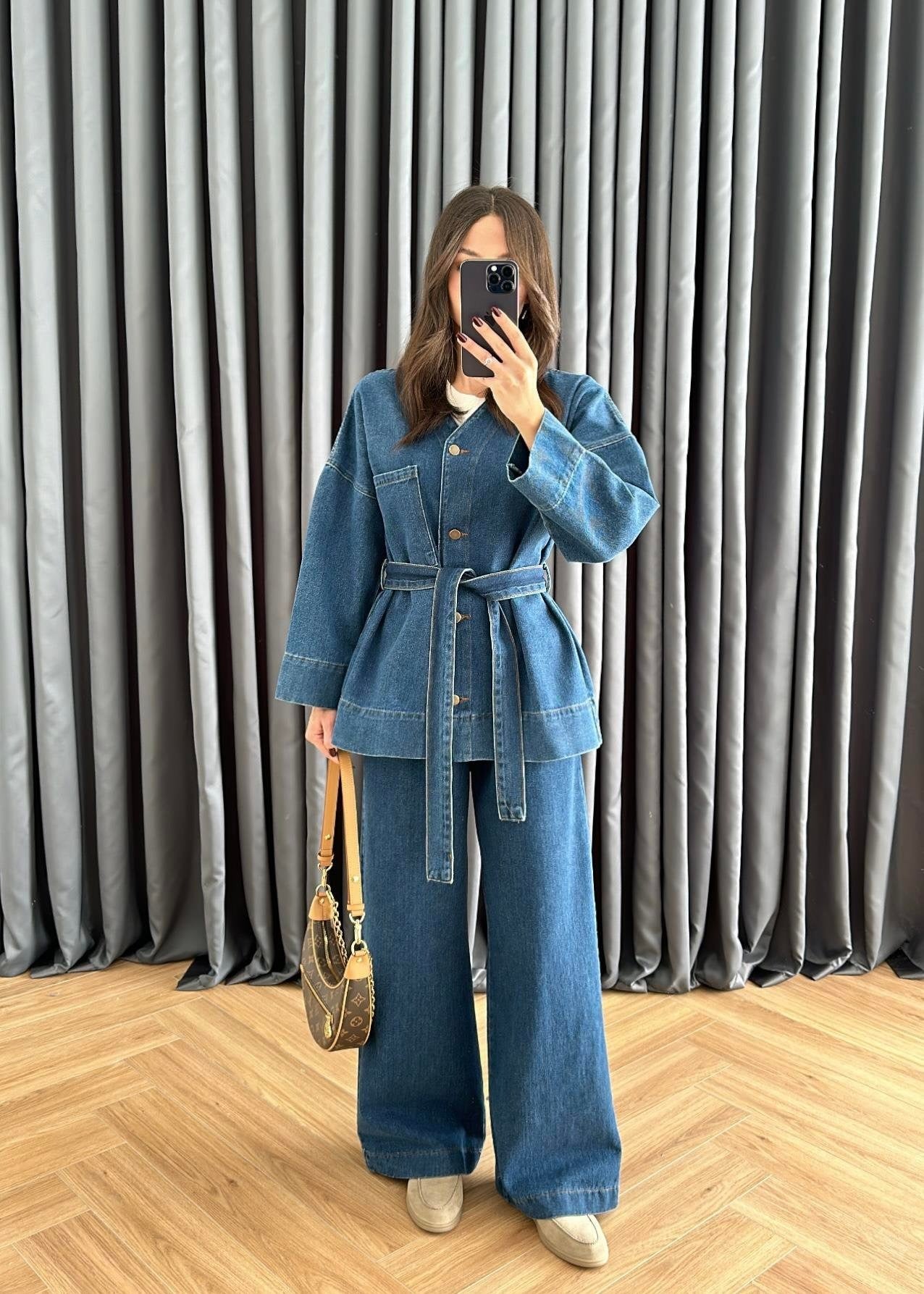 V Yakalı Denim Takım KOYU MAVİ