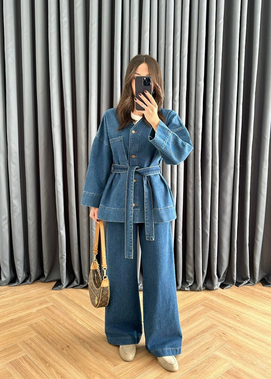 V Yakalı Denim Takım KOYU MAVİ