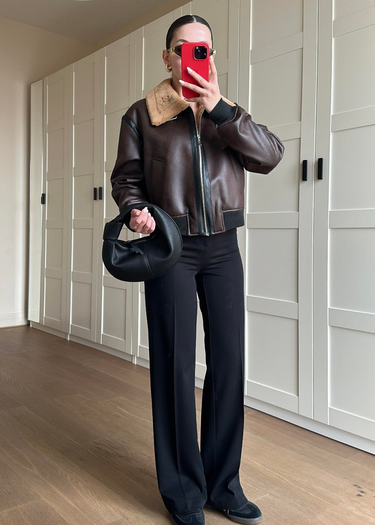 İçi Kürklü Deri Detaylı Mont KAHVERENGİ