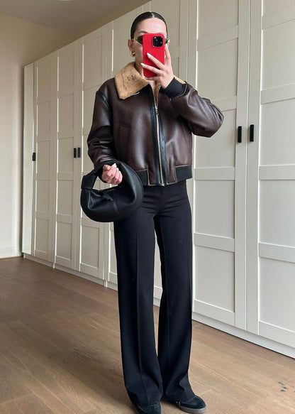 İçi Kürklü Deri Detaylı Mont KAHVERENGİ