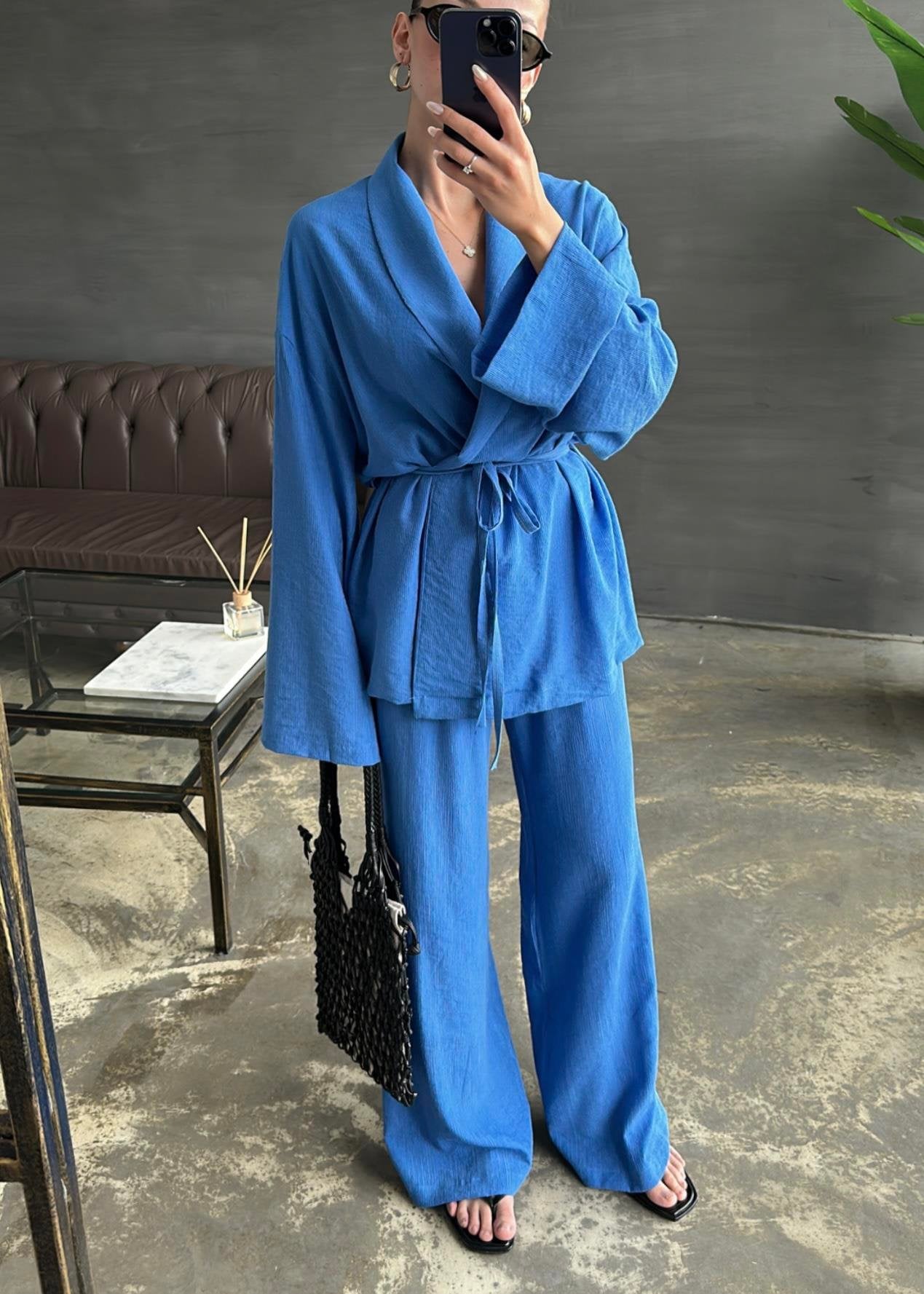 Şal Yaka Krinkıl Kimono Takım MAVİ