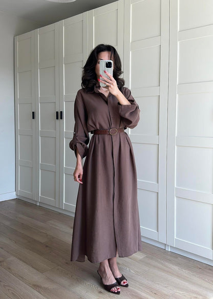 Tensel Kemerli Gömlek Elbise KAHVERENGİ