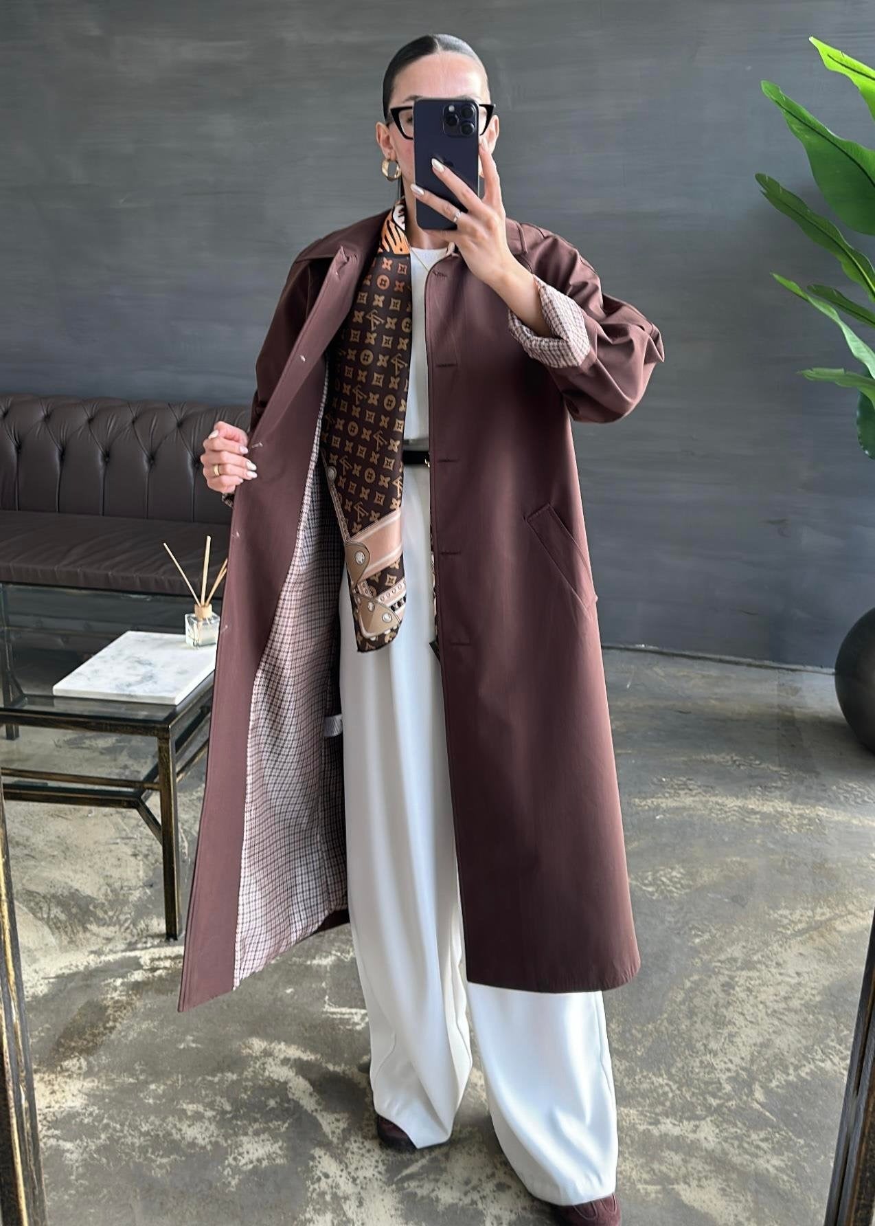 Astarı Kazayağı Desen Trençkot ACI KAHVE