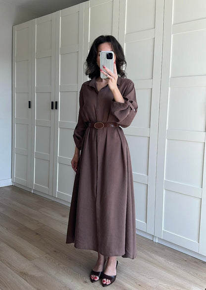 Tensel Kemerli Gömlek Elbise KAHVERENGİ