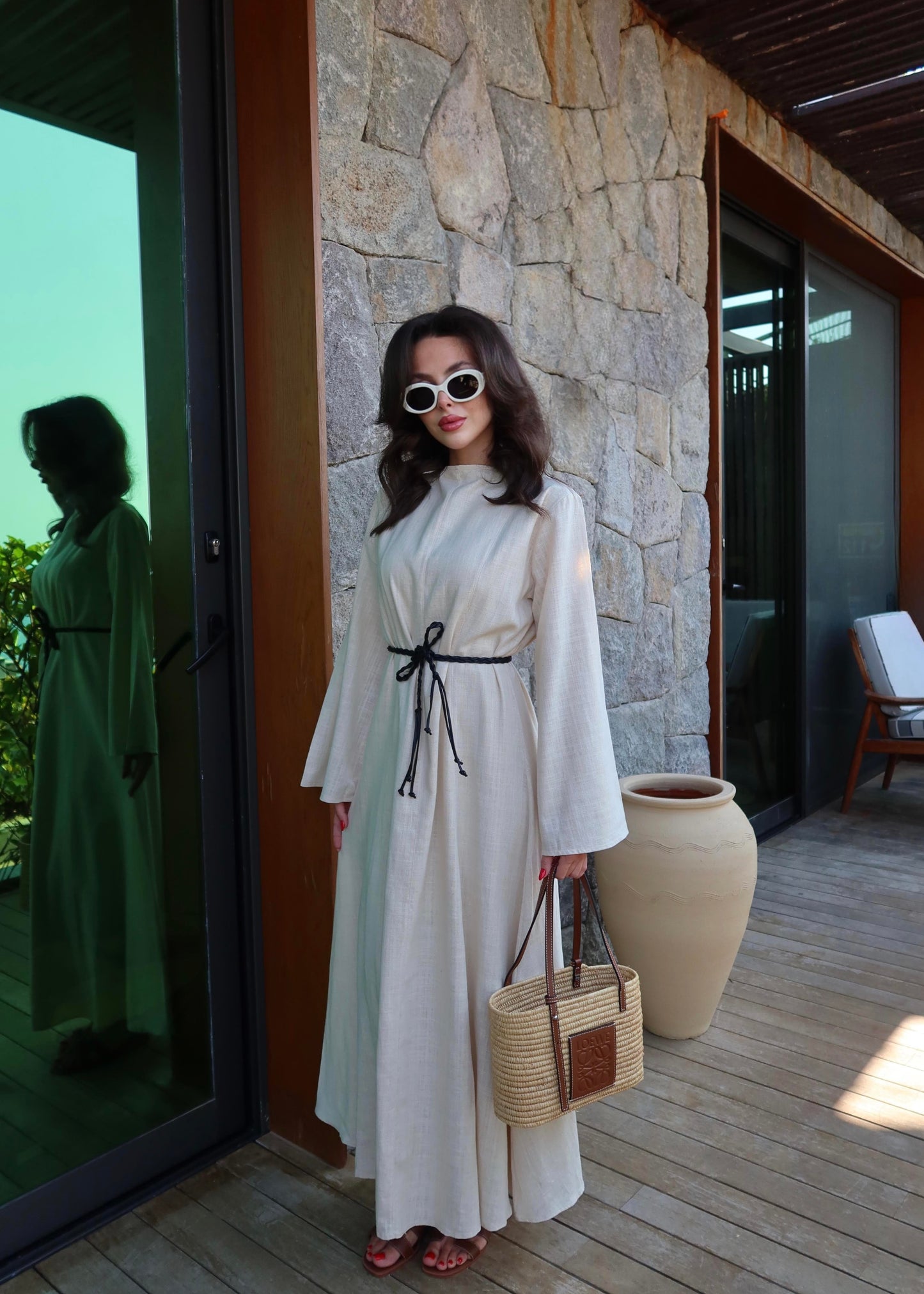 Deri Kemerli Keten Elbise EKRU