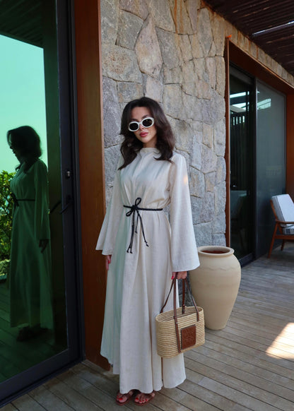 Deri Kemerli Keten Elbise EKRU