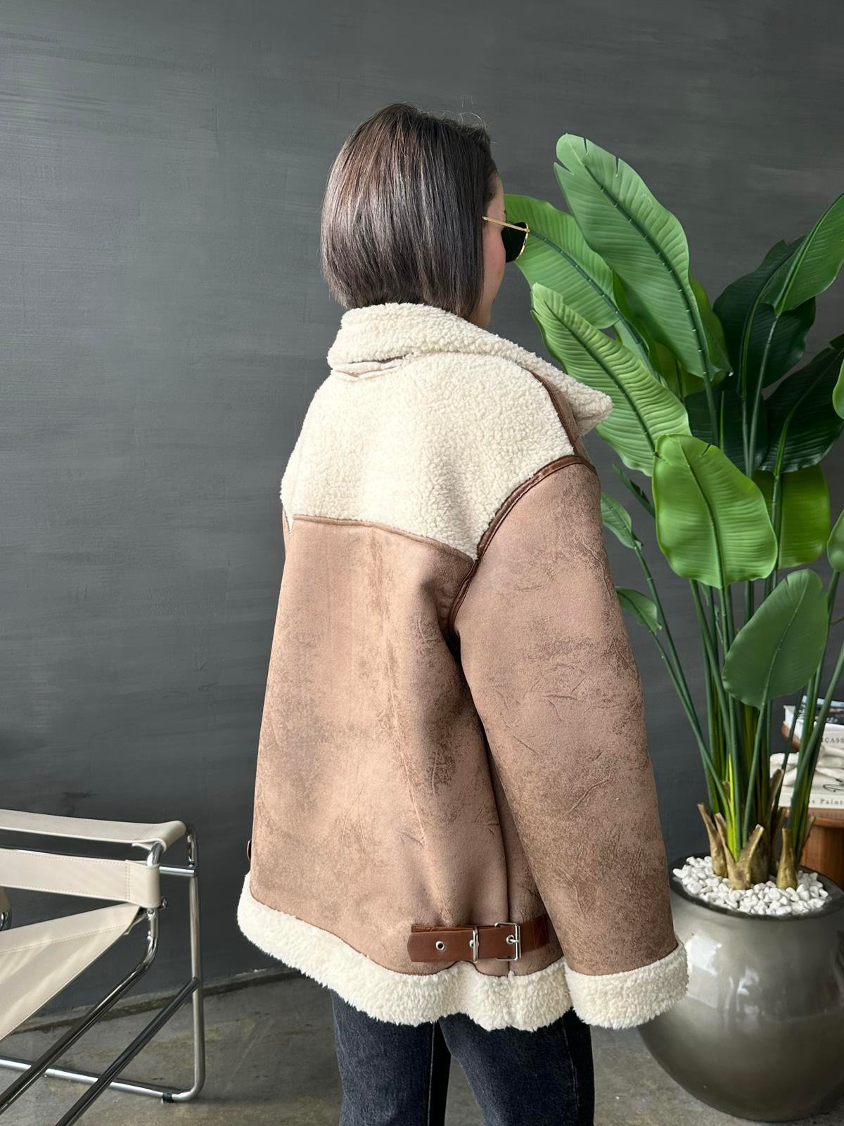 Deri Biyeli Kürk Ceket CAMEL